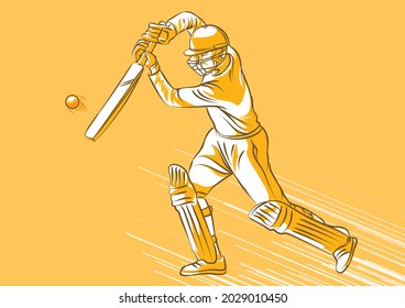 Batsman playing cricket. Batsman on the field in action. Line drawing Vector illustration
