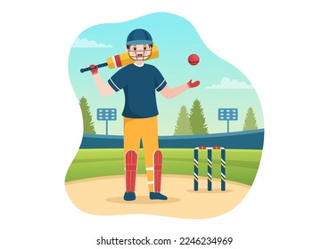 Batsman Playing Cricket Sport Illustration with Bat and Balls in the Field for Championship in Flat Cartoon Hand Drawn Templates