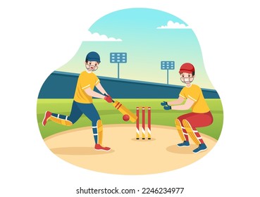 Batsman Playing Cricket Sport Illustration with Bat and Balls in the Field for Championship in Flat Cartoon Hand Drawn Templates