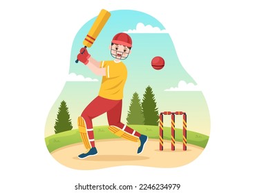 Batsman Playing Cricket Sport Illustration with Bat and Balls in the Field for Championship in Flat Cartoon Hand Drawn Templates