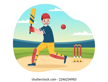 Batsman Playing Cricket Sport Illustration with Bat and Balls in the Field for Championship in Flat Cartoon Hand Drawn Templates