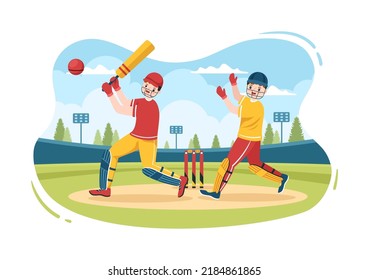 Batsman Playing Cricket Sports with Ball and Stick in Flat Cartoon Field Background Illustration