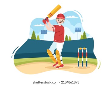 Batsman Playing Cricket Sports with Ball and Stick in Flat Cartoon Field Background Illustration