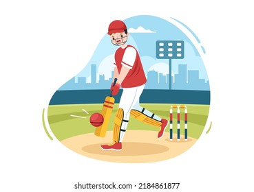 Batsman Playing Cricket Sports with Ball and Stick in Flat Cartoon Field Background Illustration