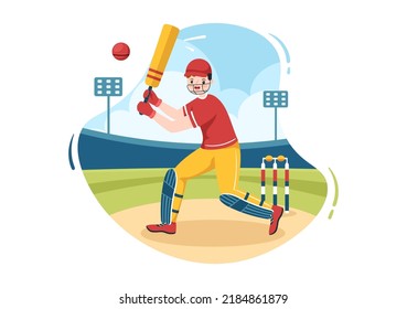 Batsman Playing Cricket Sports with Ball and Stick in Flat Cartoon Field Background Illustration