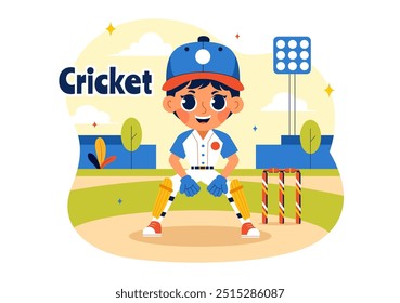 Batsman Playing Cricket Vector Illustration with Bat and Ball on the Field for Championship Tournament League In a Flat Style Cartoon Background