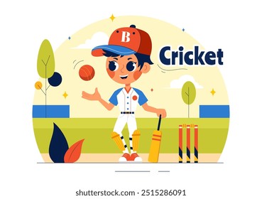 Batsman Playing Cricket Vector Illustration with Bat and Ball on the Field for Championship Tournament League In a Flat Style Cartoon Background