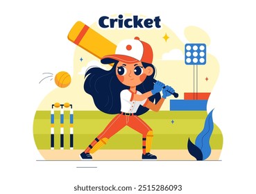 Batsman Playing Cricket Vector Illustration with Bat and Ball on the Field for Championship Tournament League In a Flat Style Cartoon Background