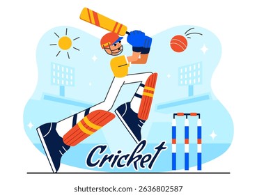 Batsman Playing Cricket Vector Illustration Featuring Bat and Ball on the Field for a Championship Tournament League in a Flat Style Background