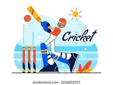 Batsman Playing Cricket Vector Illustration Featuring Bat and Ball on the Field for a Championship Tournament League in a Flat Style Background