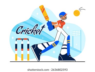 Batsman Playing Cricket Vector Illustration Featuring Bat and Ball on the Field for a Championship Tournament League in a Flat Style Background