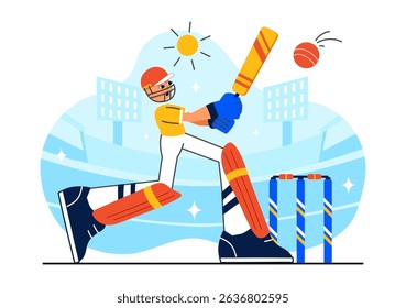 Batsman Playing Cricket Vector Illustration Featuring Bat and Ball on the Field for a Championship Tournament League in a Flat Style Background
