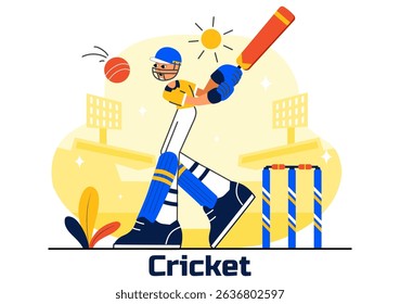 Batsman Playing Cricket Vector Illustration Featuring Bat and Ball on the Field for a Championship Tournament League in a Flat Style Background