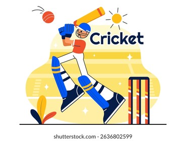 Batsman Playing Cricket Vector Illustration Featuring Bat and Ball on the Field for a Championship Tournament League in a Flat Style Background