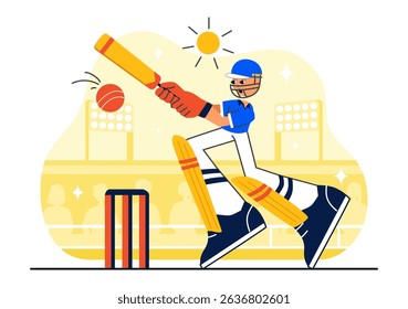Batsman Playing Cricket Vector Illustration Featuring Bat and Ball on the Field for a Championship Tournament League in a Flat Style Background