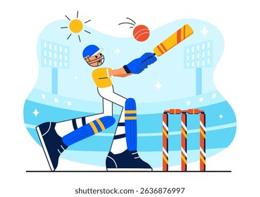 Batsman Playing Cricket Vector Illustration Featuring Bat and Ball on the Field for a Championship Tournament League in a Flat Style Background