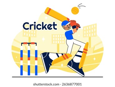 Batsman Playing Cricket Vector Illustration Featuring Bat and Ball on the Field for a Championship Tournament League in a Flat Style Background