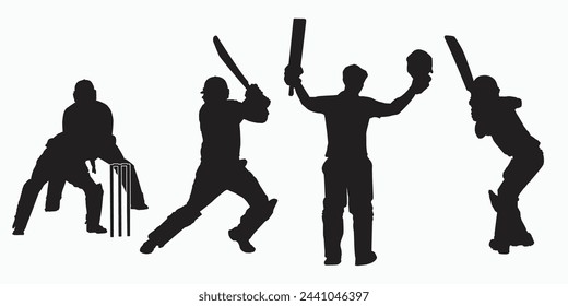 Batsman pose or Century celebration or cover drive or open helmet celebration or Batsman shadow art. Cricket player playing cricket vector illustration. Batsman in field silhouette. Batting man.