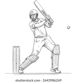 Esboço de Batsman. Jogador de críquete experiente golpeia um tiro de bola dinâmico poderosamente. Conceito de ilustração esportiva