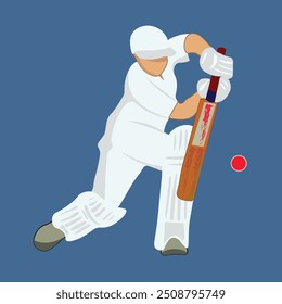 Batsman in white uniform Hitting Shot the red ball. Cricket Player playing cricket poster isolated on blue background. Cricketer In Playing Action. Editable vector EPS available