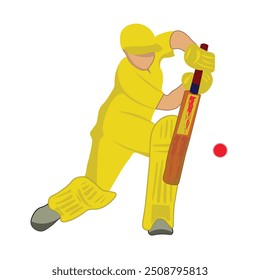 Batsman in yellow uniform Hitting Shot the red ball. Cricket Player playing cricket poster isolated on white background. Cricketer In Playing Action. Editable vector EPS available