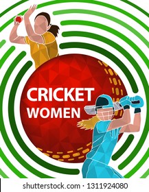 Batswoman and bowler playing cricket. Abstract poster for womens cricket. Vector illustration of female cricket.