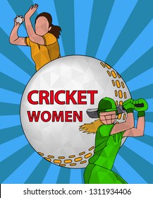 Batswoman and bowler playing cricket. Abstract poster for womens cricket. Vector illustration of female cricket.