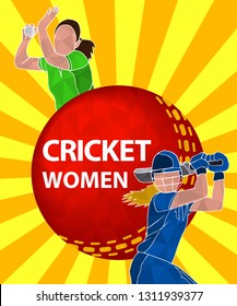 Batswoman and bowler playing cricket. Abstract poster for womens cricket. Vector illustration of female cricket.