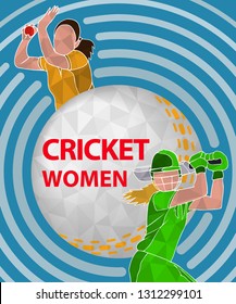 Batswoman and bowler playing cricket. Abstract poster for womens cricket. Vector illustration of female cricket.