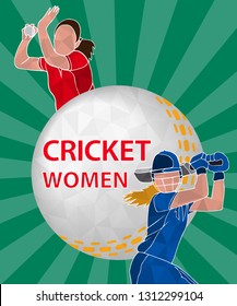 Batswoman and bowler playing cricket. Abstract poster for womens cricket. Vector illustration of female cricket.