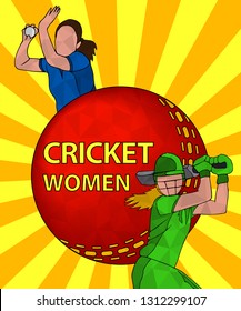 Batswoman and bowler playing cricket. Abstract poster for womens cricket. Vector illustration of female cricket.