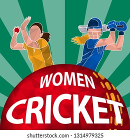 Batswoman and bowler playing cricket. Abstract poster for womens cricket. Vector illustration of female cricket.