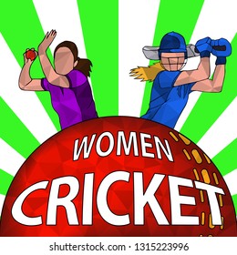 Batswoman and bowler playing cricket. Abstract poster for womens cricket. Vector illustration of female cricket.