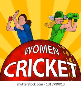 Batswoman and bowler playing cricket. Abstract poster for womens cricket. Vector illustration of female cricket.