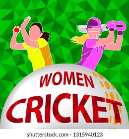 Batswoman and bowler playing cricket. Abstract poster for womens cricket. Vector illustration of female cricket.