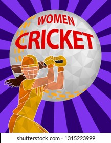 Batswoman playing cricket. Abstract poster for womens cricket. Vector illustration of female cricket.