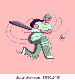 Batswoman playing cricket. Abstract poster for womens cricket. Vector illustration of female cricket.