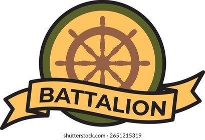 Battalion logo featuring a ship rudder set within a circle, accented by a yellow ribbon and a green border, perfectly suited for maritime or naval themes and branding