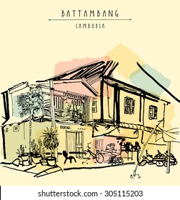Battambang, Cambodia, Southeast Asia. Residential house and cafe in old town. French colonial architecture. Touristic sketchy hand drawn postcard with "Battambang, Cambodia" hand lettering