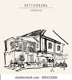 Battambang, Cambodia, Southeast Asia. Residential house and cafe in old town. French colonial architecture. Touristic sketchy hand drawn postcard with "Battambang, Cambodia" hand lettering