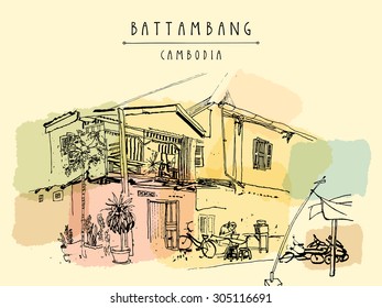 Battambang, Cambodia, Southeast Asia. Residential house and cafe in old town. French colonial architecture. Touristic sketchy hand drawn postcard with "Battambang, Cambodia" hand lettering