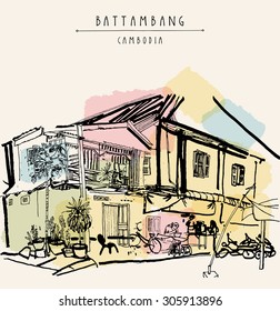Battambang, Cambodia, Southeast Asia. Residential house and cafe in old town. French colonial architecture. Touristic sketchy hand drawn postcard with "Battambang, Cambodia" hand lettering