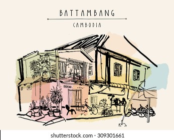 Battambang, Cambodia, Southeast Asia. Residential house and cafe in old town. French colonial architecture. Touristic sketchy hand drawn postcard with "Battambang, Cambodia" hand lettering