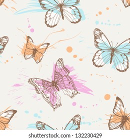Battefly grunge seamless pattern with blot. Spring background for your design and scrapbooking .