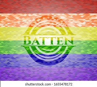 Batten emblem on mosaic background with the colors of the LGBT flag