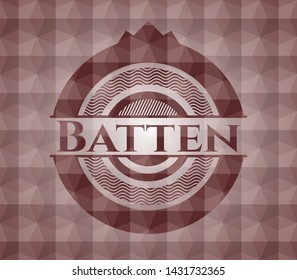 Batten red seamless emblem or badge with geometric pattern background.