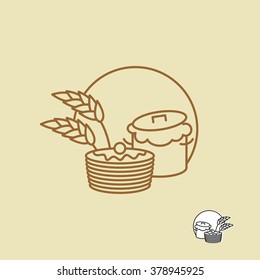 Batter and pancakes linear emblem for bakeries. Ears of rye and pastries. Logo for store bread or bakehouse
