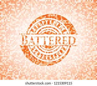 Battered abstract orange mosaic emblem with background