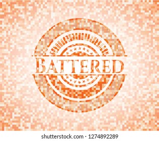 Battered abstract orange mosaic emblem with background