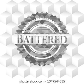 Battered grey badge with geometric cube white background